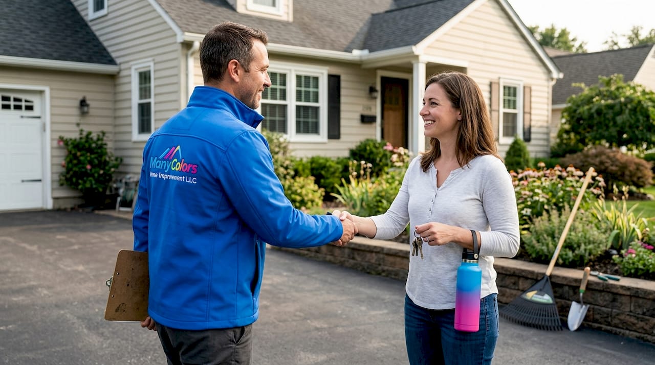 Contractor and homeowner handshake in driveway
