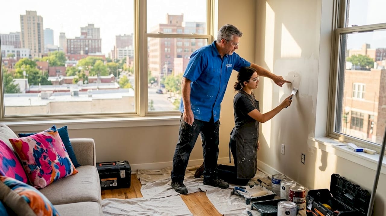 Mentor coaching apprentice on drywall repair