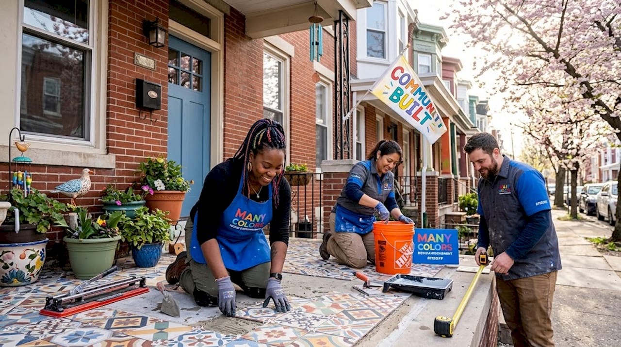 Diverse contractors repairing front steps of home