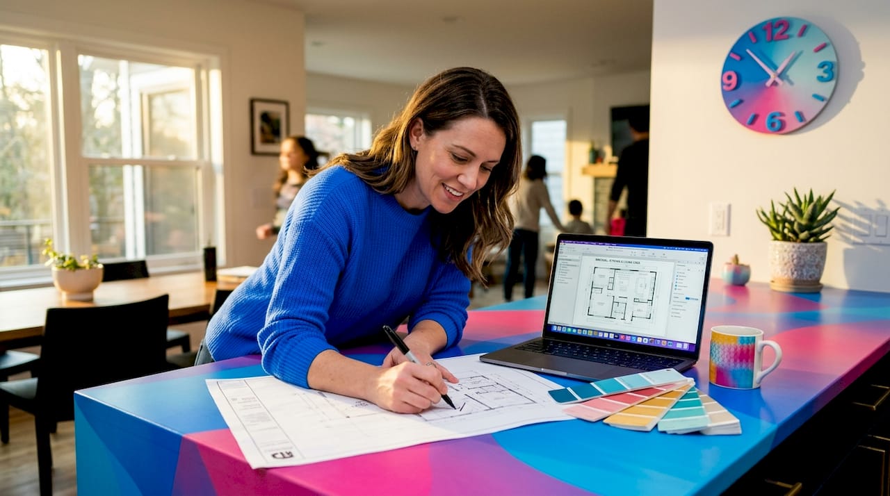 Woman planning renovation at dining table workspace