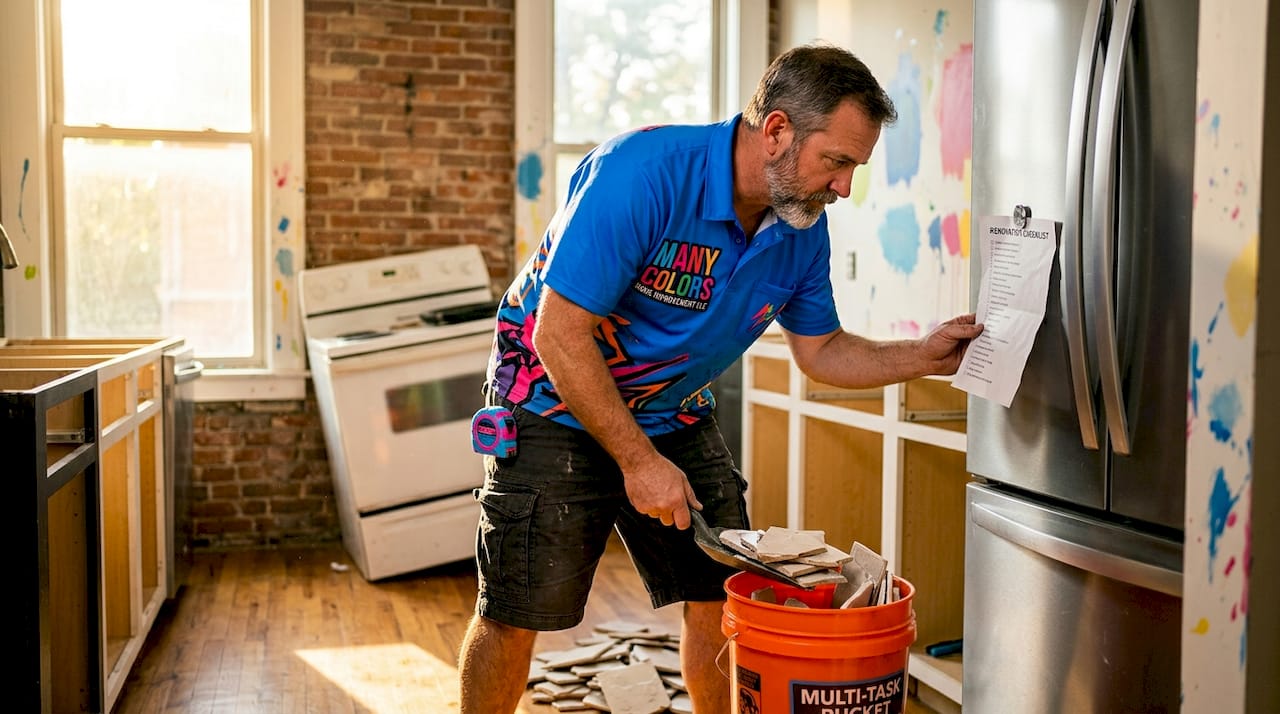 Man checking kitchen renovation checklist during demolition