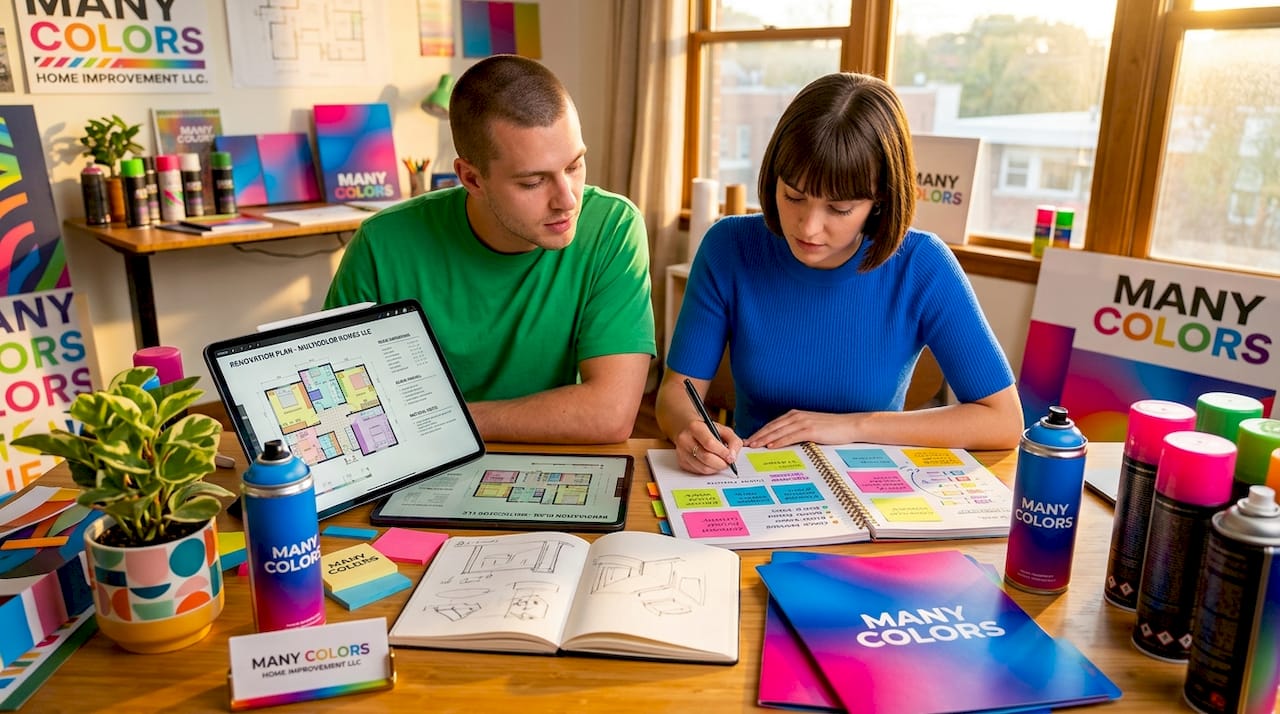 Coworkers collaborating at shared open desk