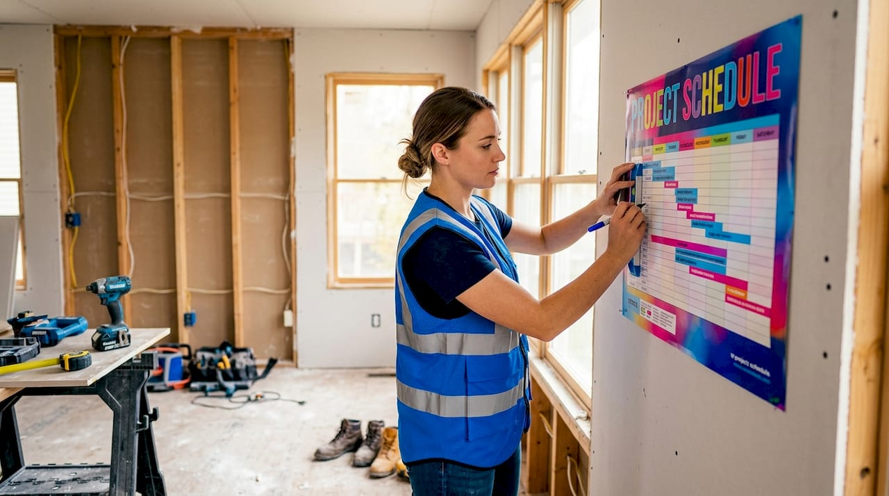Manager posting renovation schedule on site wall
