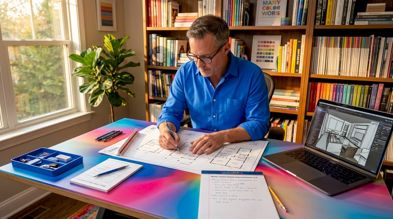 Architect reviewing renovation plans at desk