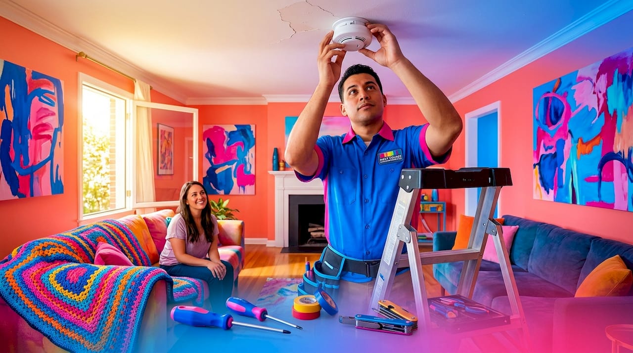 Contractor installing smoke detector indoors