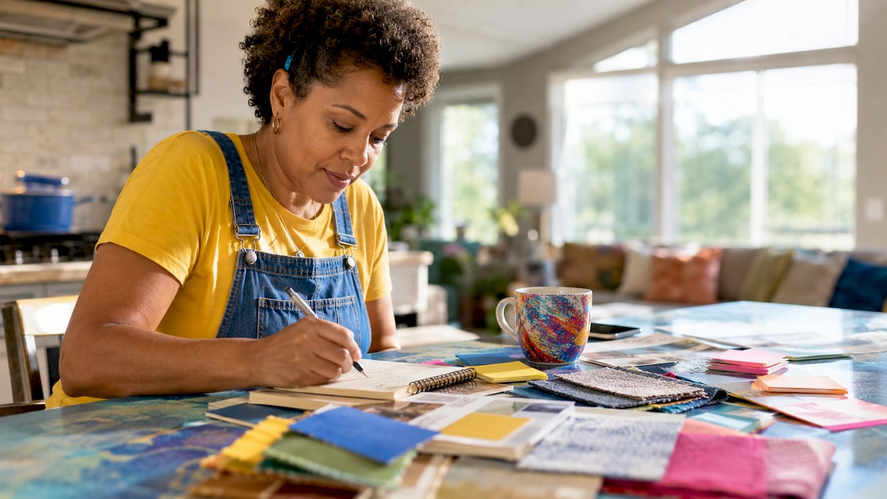 Homeowner planning ethical renovation at kitchen table