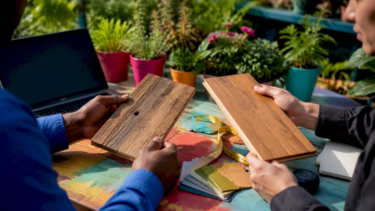 Hands comparing sustainable flooring samples