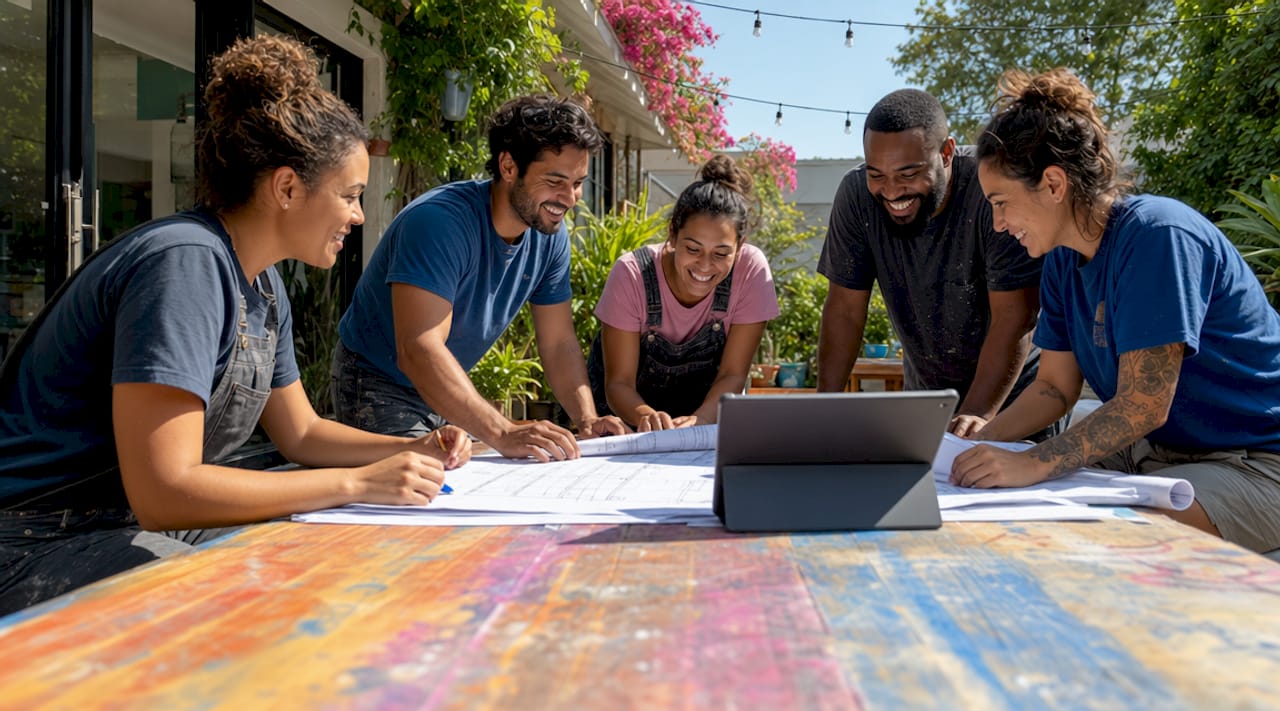 Diverse home repair team collaborating indoors