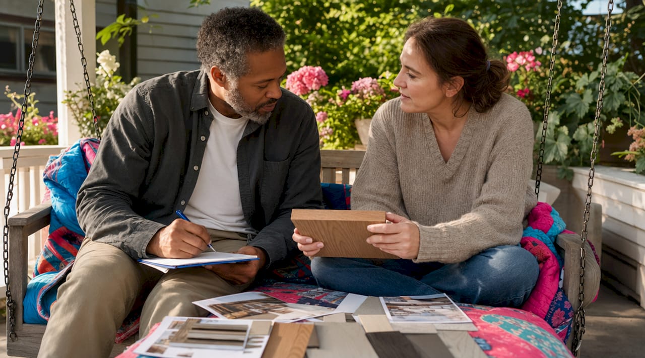 Couple planning home improvement with sustainable materials