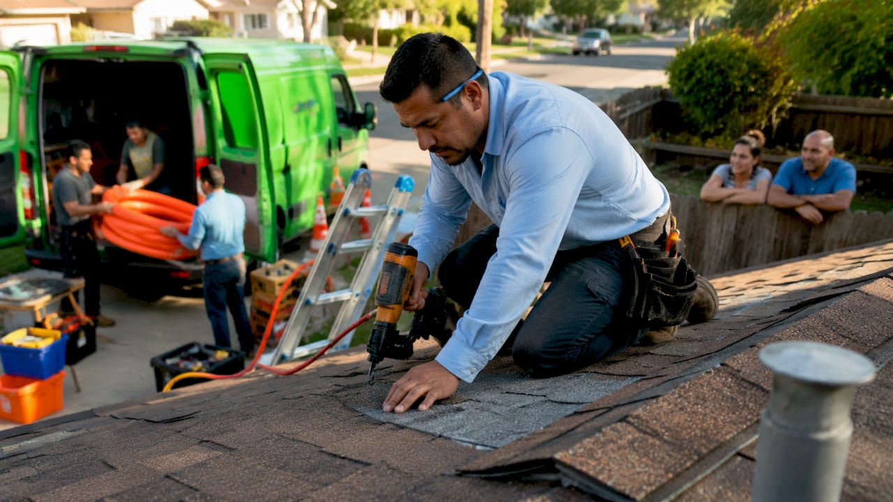 Roofer fixing shingles with plumbing supplies nearby