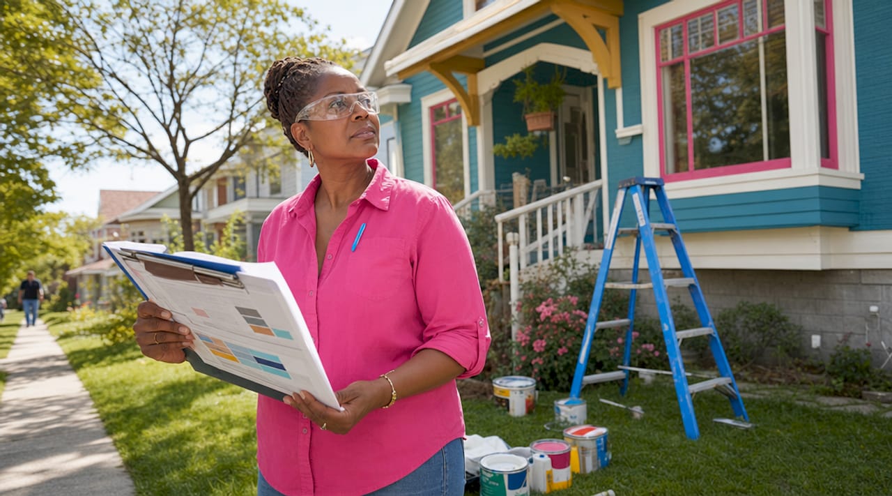 Woman inspecting home repairs outside a suburban house