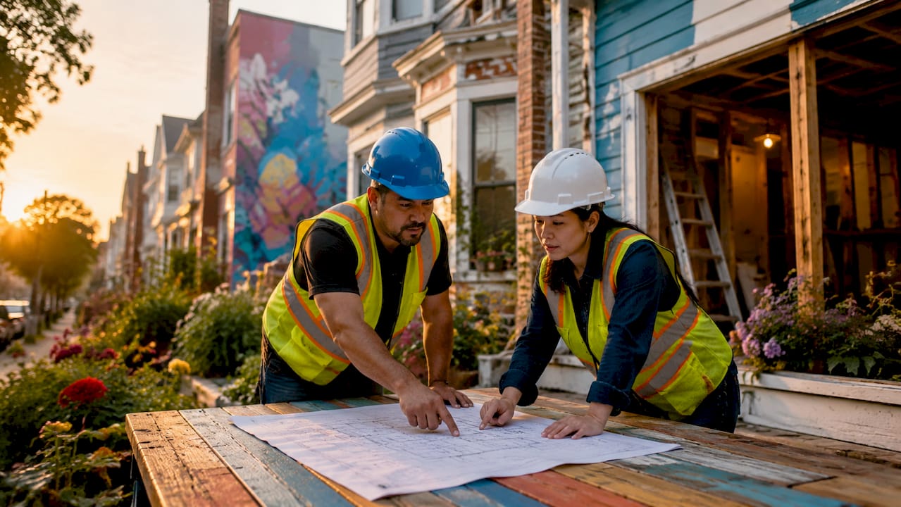 Construction workers at home adaptive reuse site