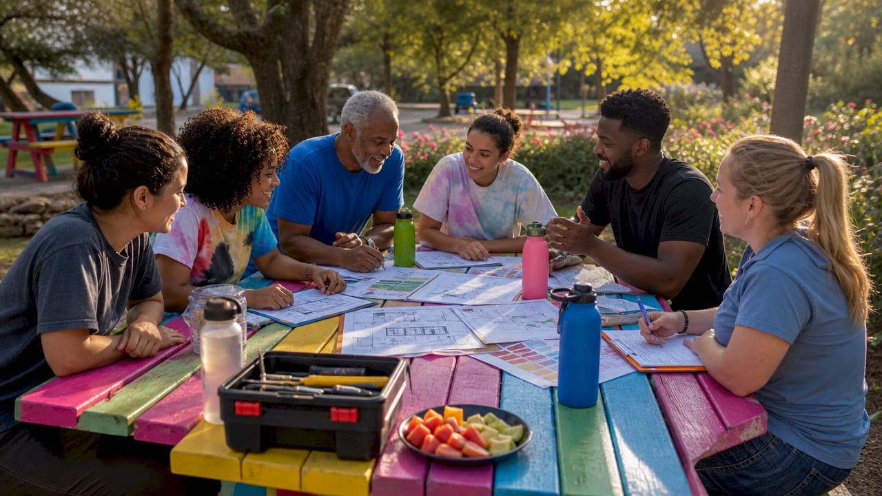 Diverse volunteers planning home repairs together