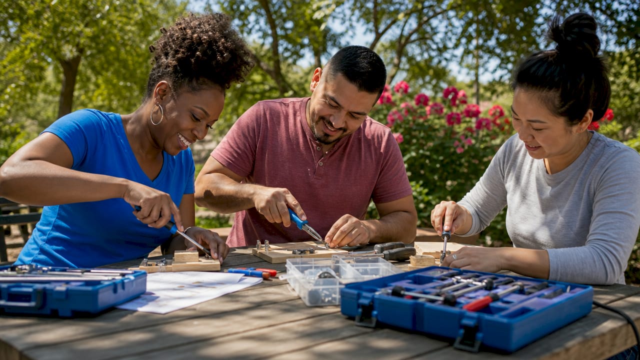 Homeowners practicing repair skills in workshop