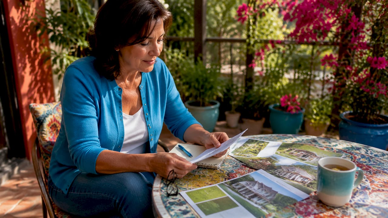 Woman reviewing eco-friendly home improvement brochures