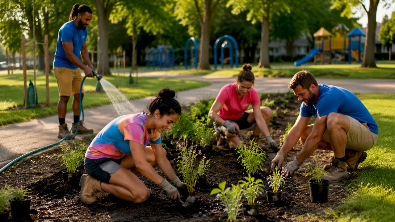 Team installing rain garden for curb appeal