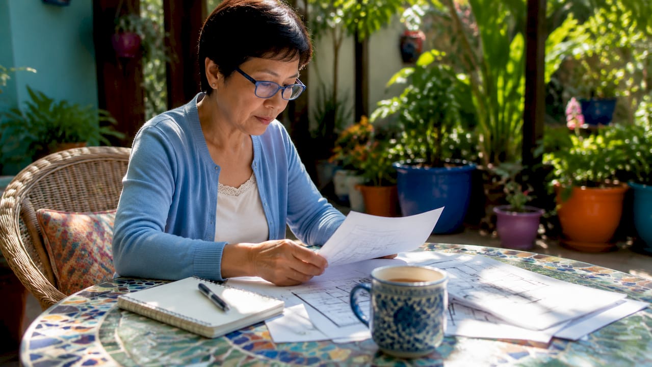 Woman reviewing home renovation plans at table