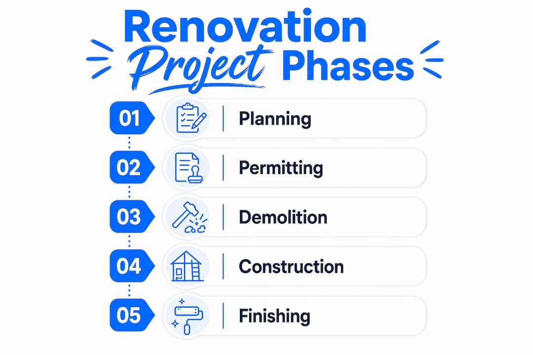 Infographic illustrating renovation project phases timeline