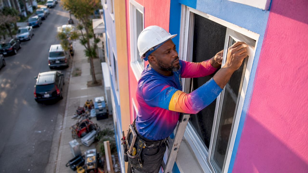 Contractor installing energy-efficient window outdoors