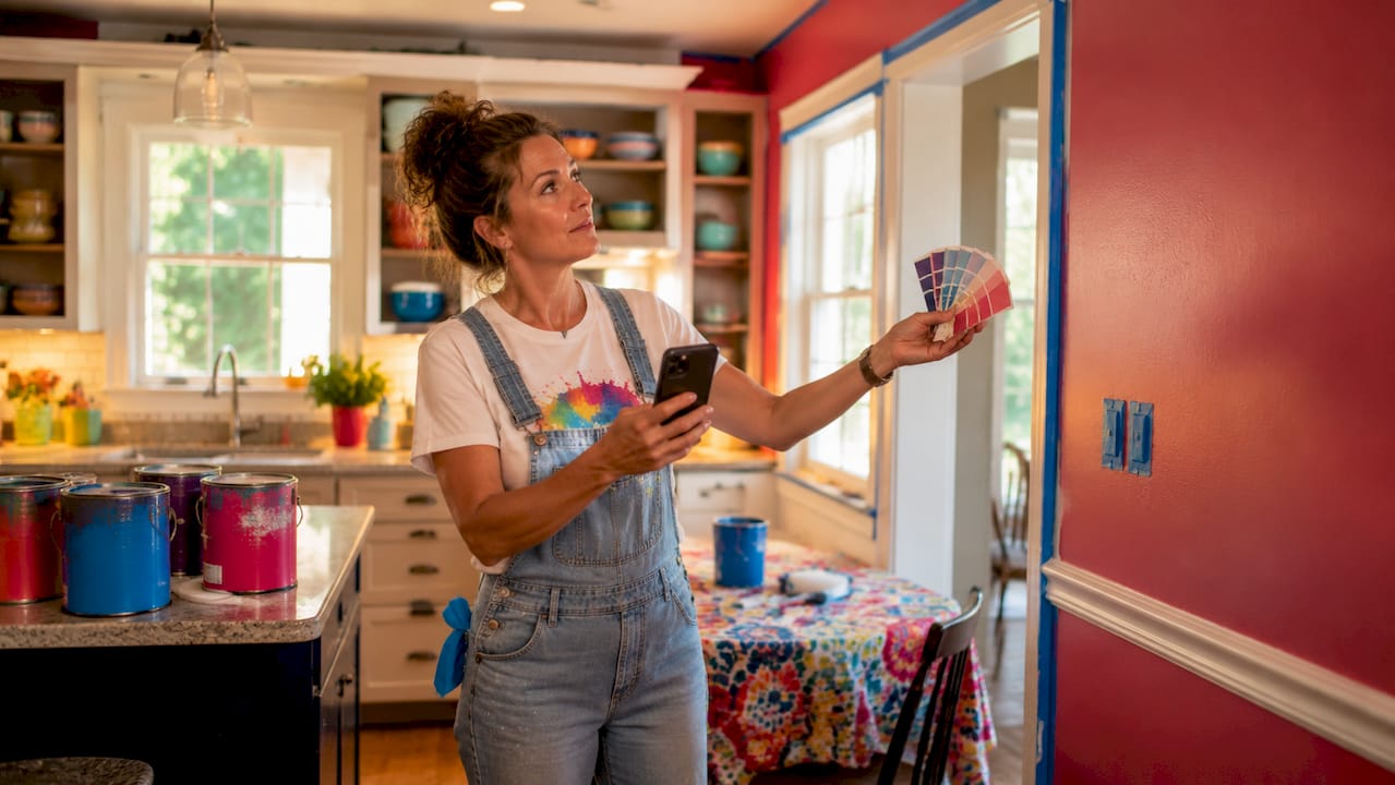Woman choosing paint colors for living room