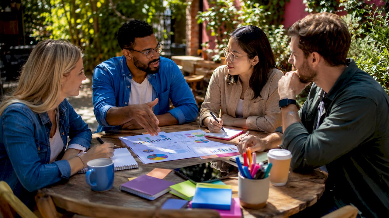 Team collaborating around conference table in office