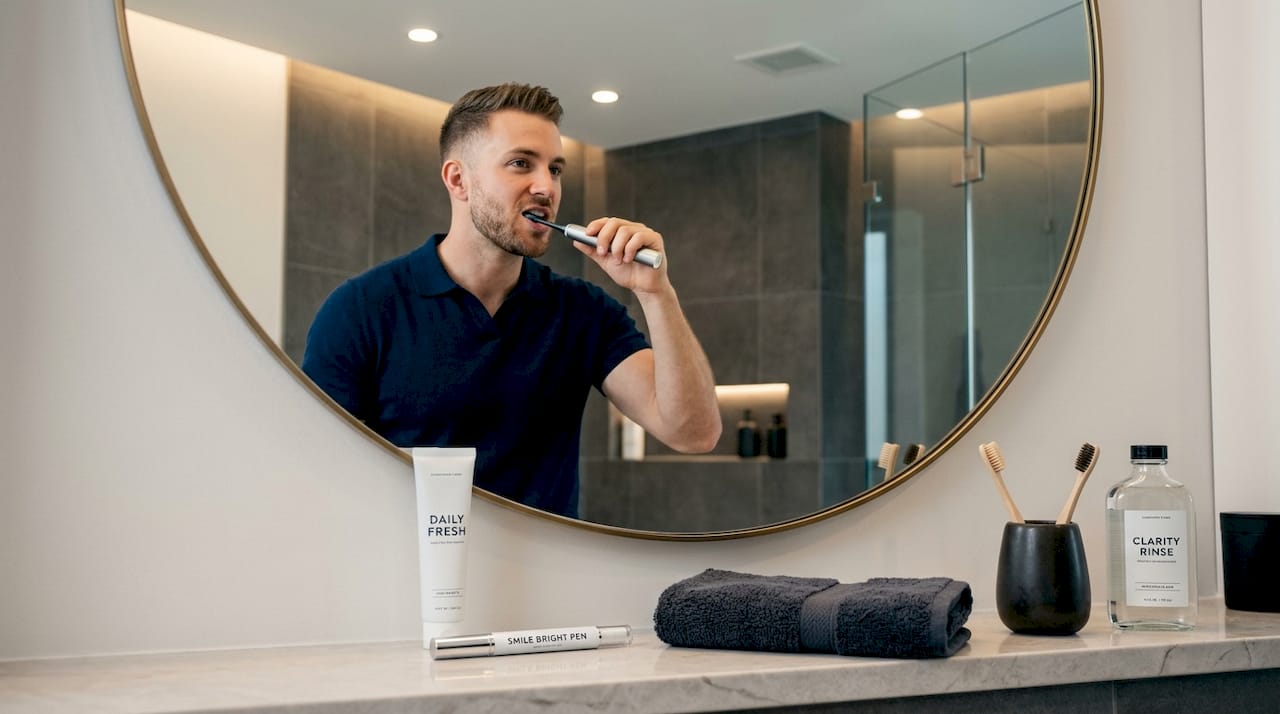 Man brushing teeth in bathroom before whitening