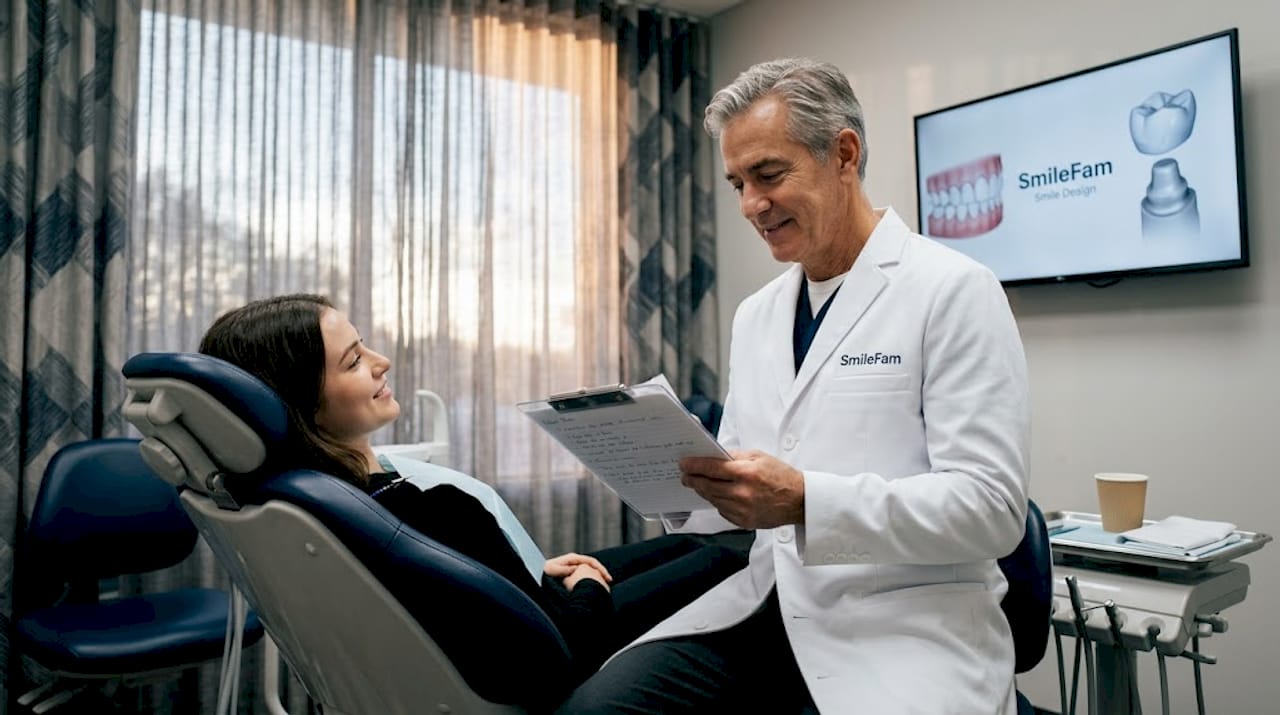 Dentist and patient after whitening session in clinic