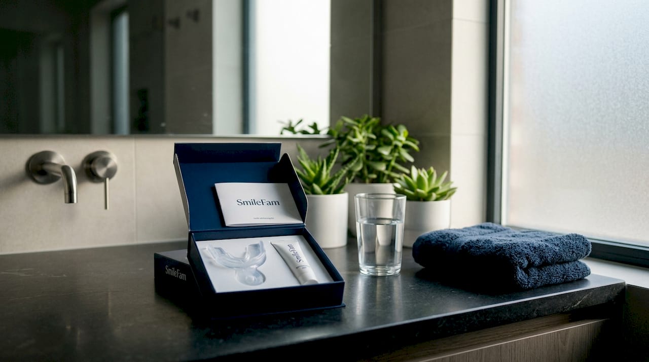 Teeth whitening kit open on kitchen counter