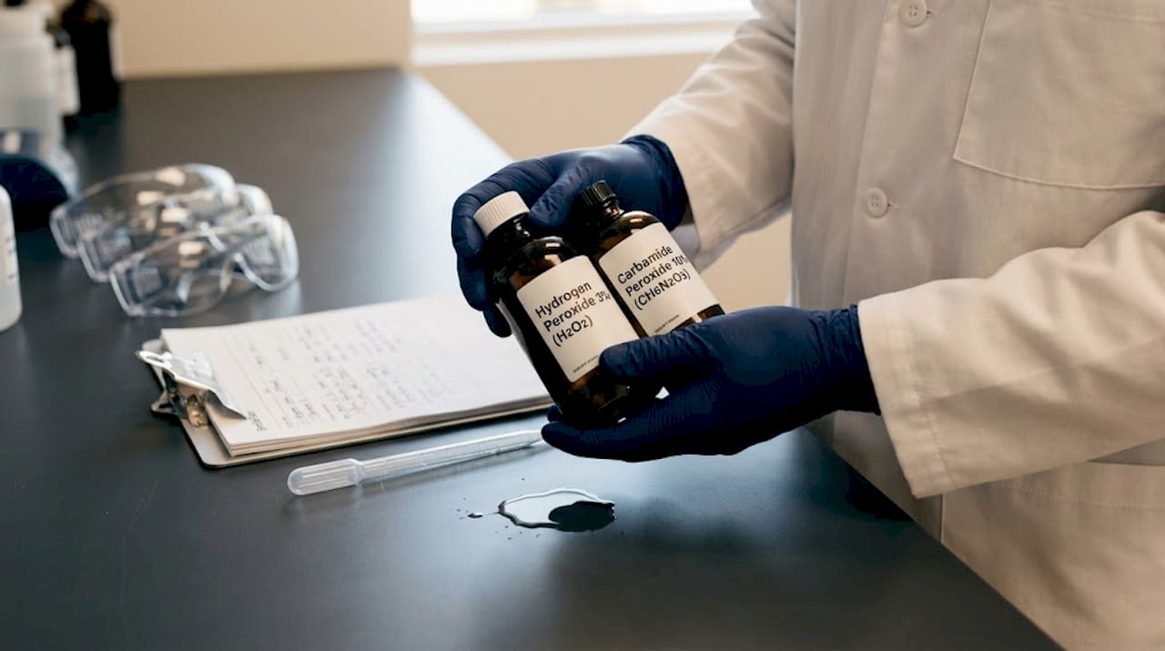 Scientist’s gloved hands with whitening ingredient bottles