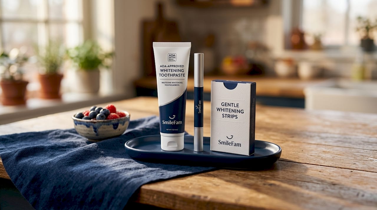 Tray with whitening toothpaste and products