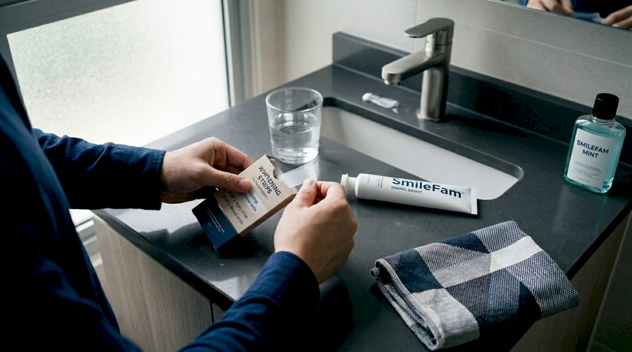 Hands preparing whitening strips with toothpaste