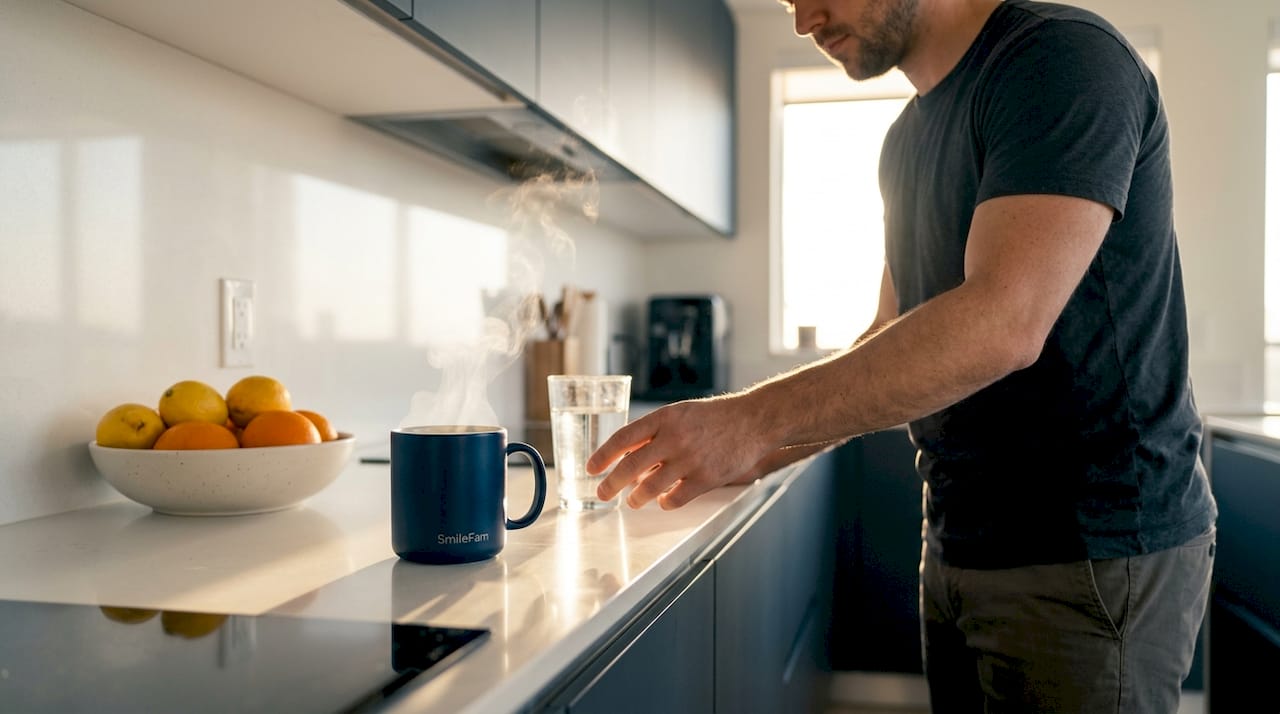 Man choosing water over coffee after whitening