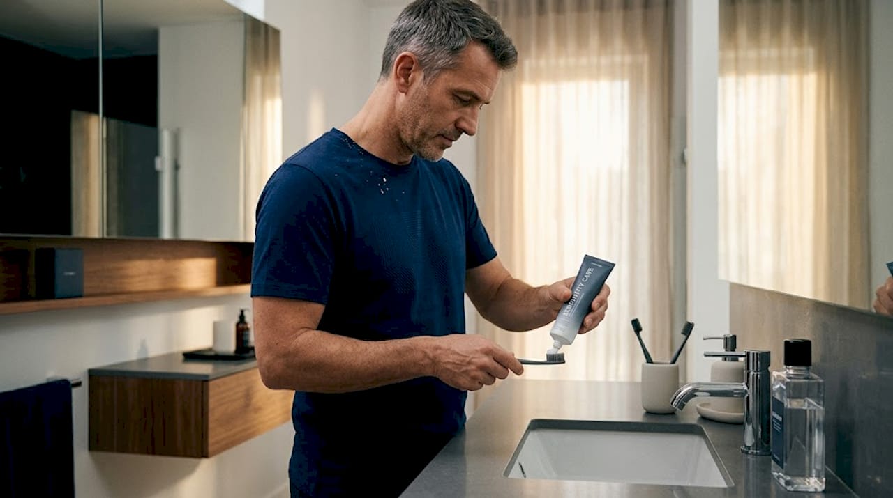 Man prepares brushing with sensitivity toothpaste