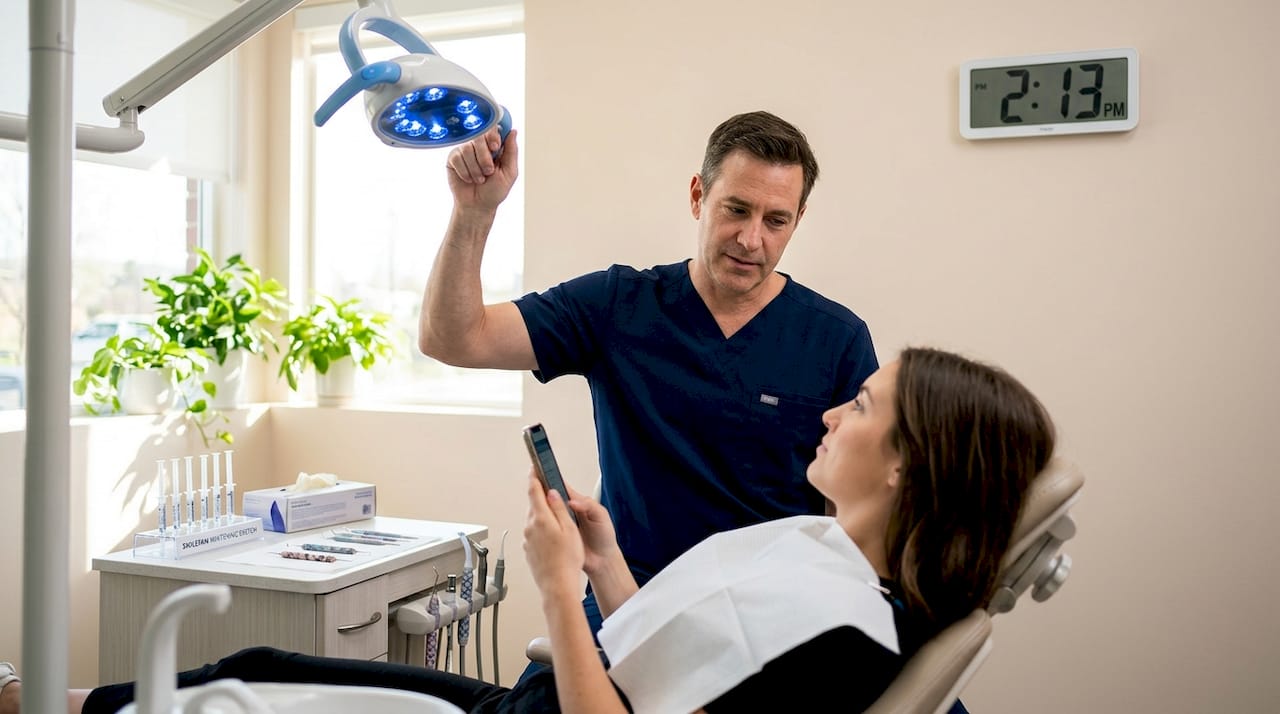 In-office whitening session with dentist adjusting lamp