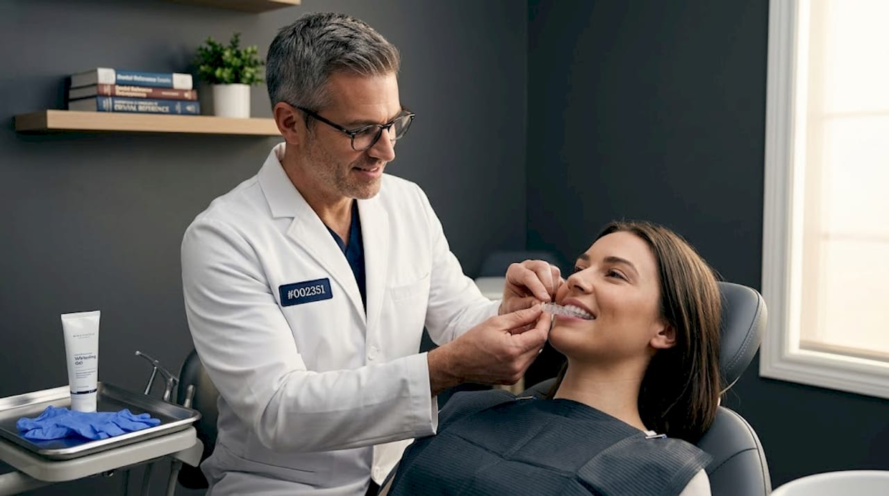 Dentist fitting custom whitening tray for patient