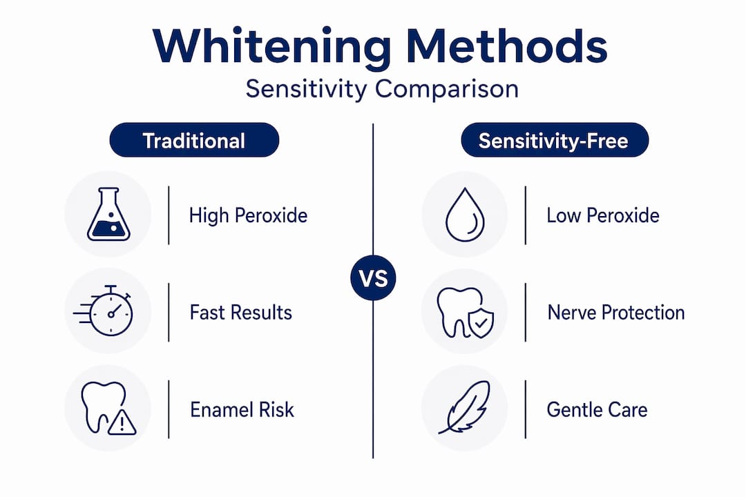 Infographic comparing whitening methods, sensitivity risk