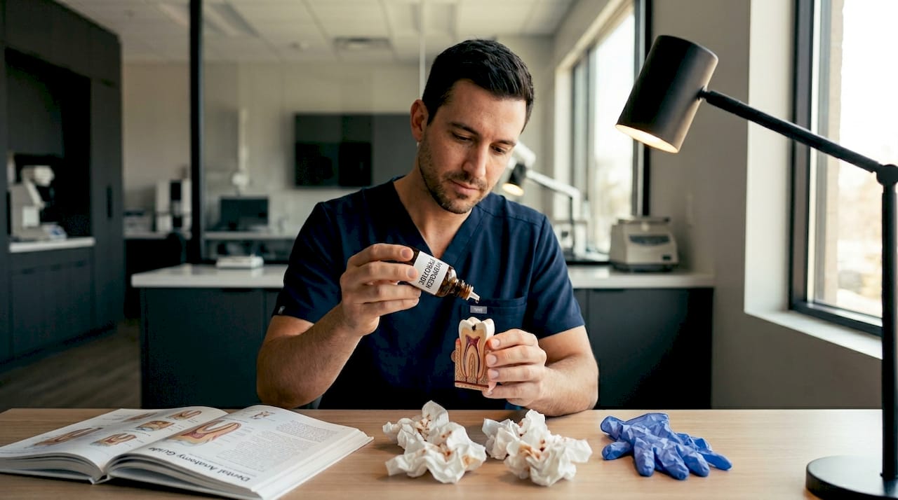 Dental technician demonstrating tooth whitening mechanism