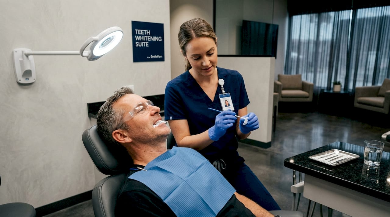 Dentist applying in-office whitening gel