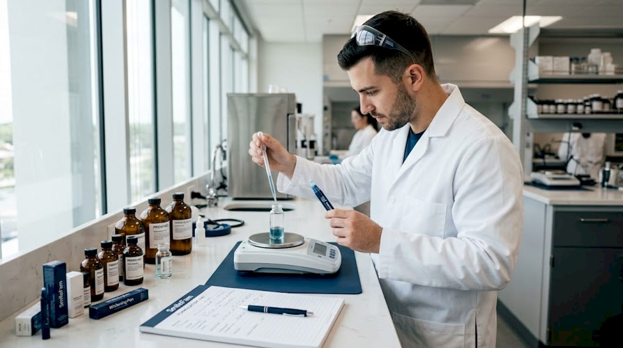 Lab technician measuring whitening pen gel ingredients
