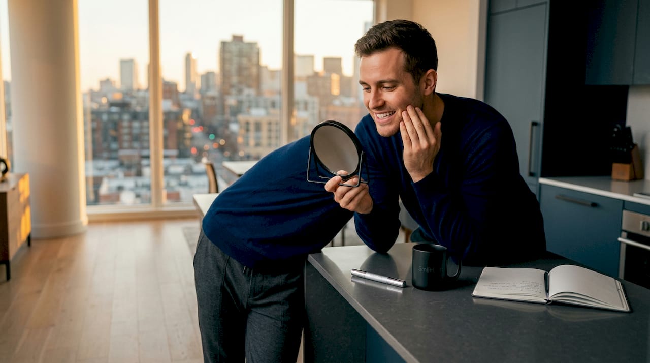 Man checking teeth after whitening pen use