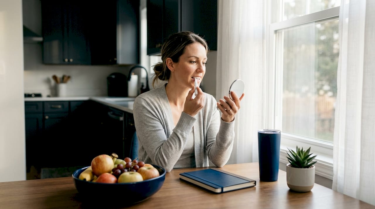 Woman using whitening pen at kitchen island