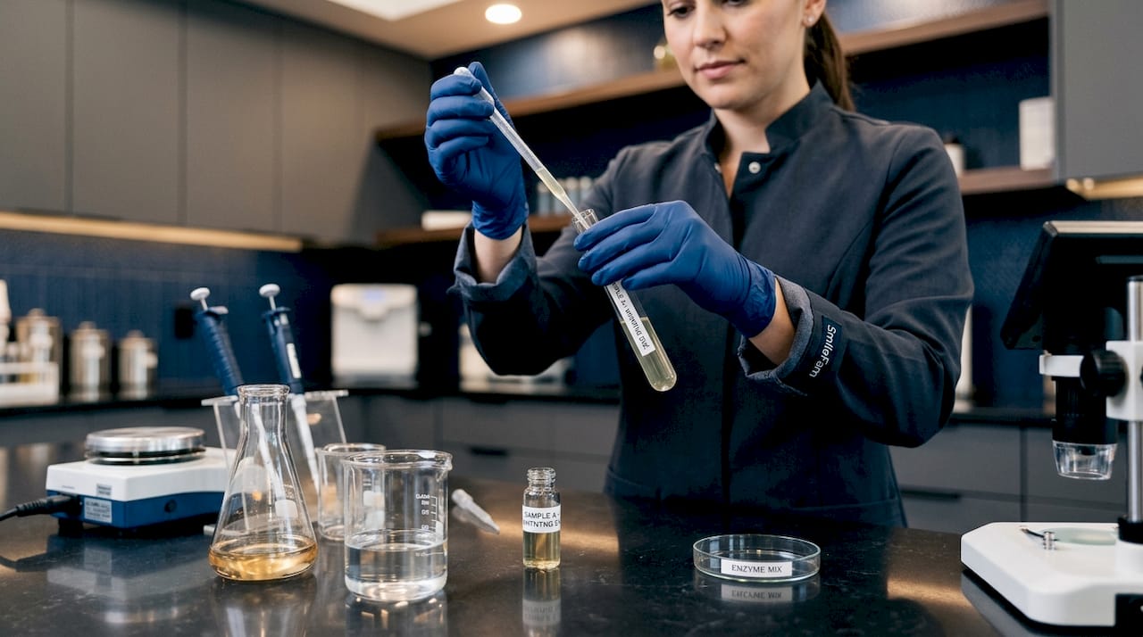 Dental scientist handling enzyme whitening sample