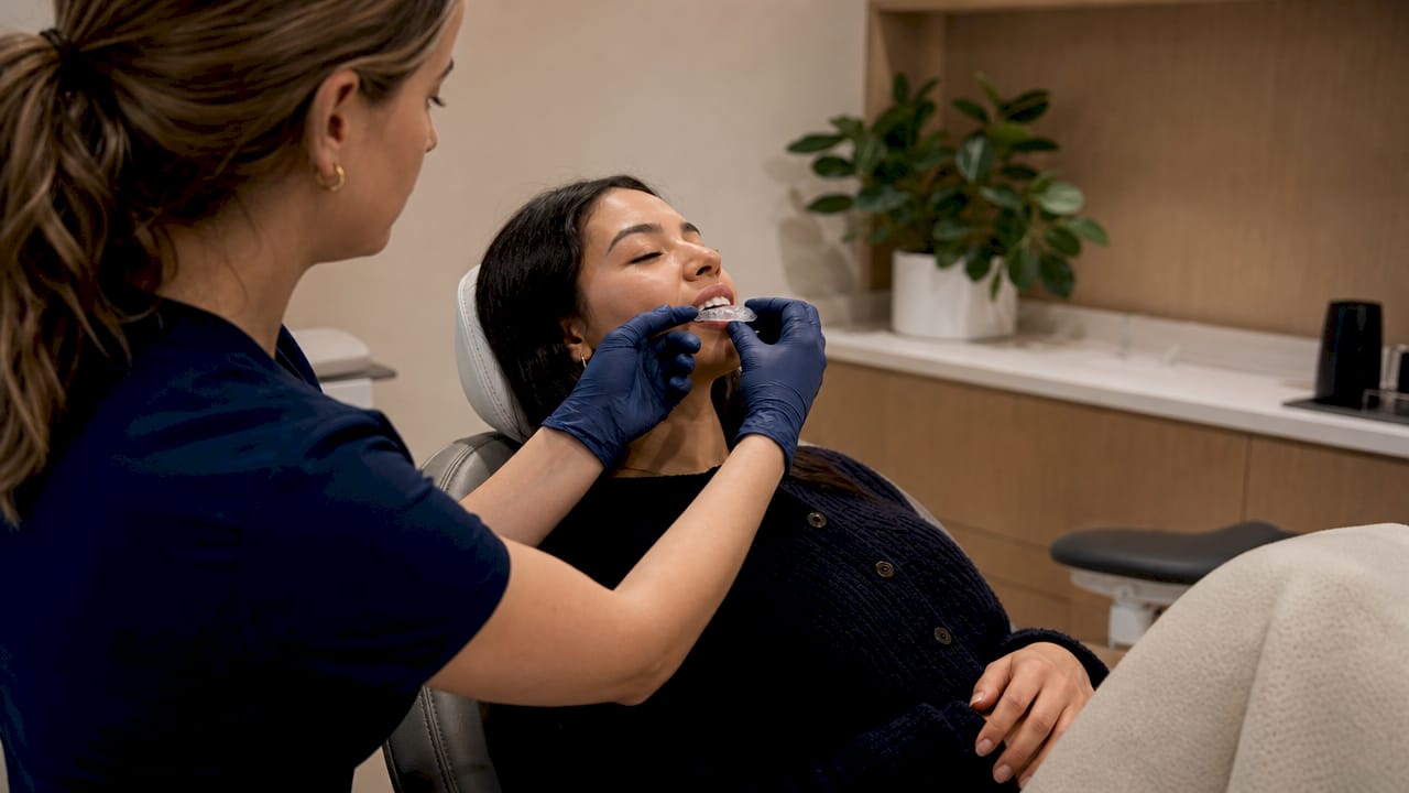 Applying peroxide gel for teeth whitening