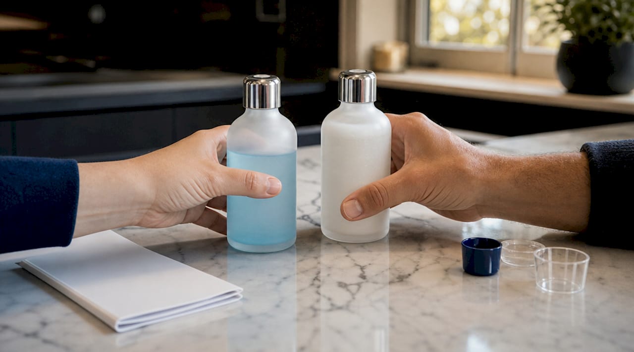 Close-up bottles of hydrogen and carbamide peroxide