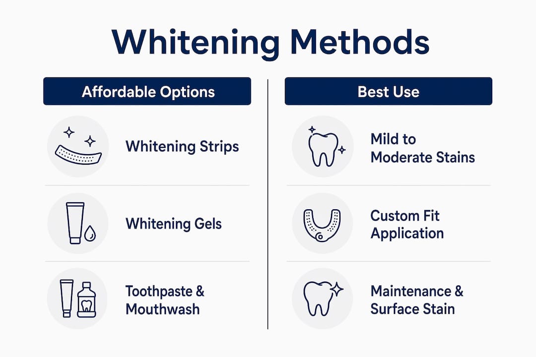 Infographic comparing affordable teeth whitening methods and uses
