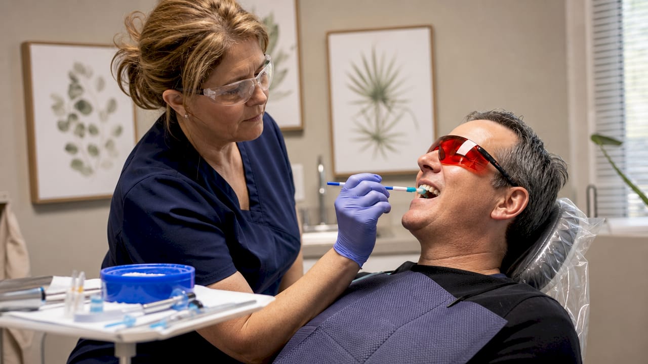 Dental hygienist applying whitening gel in clinic