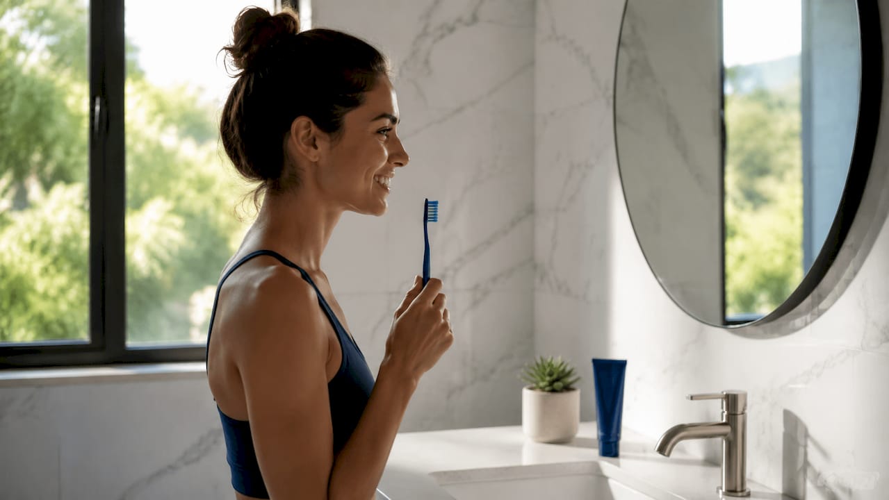 Hands flossing teeth with mirror and brush nearby