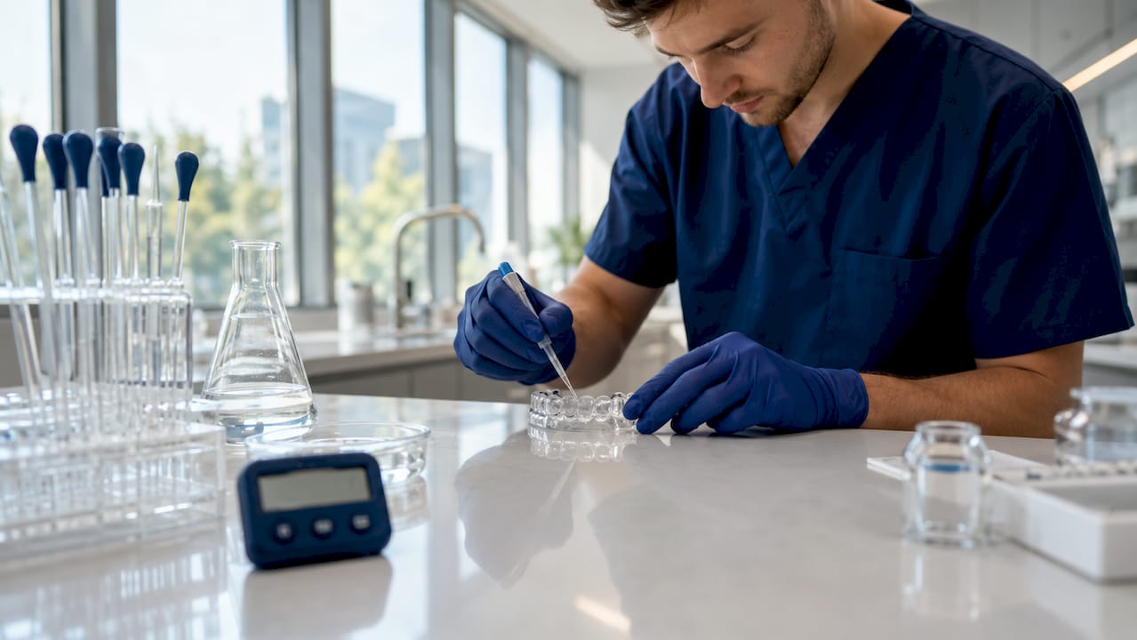 Scientist applying whitening gel on tooth mold in lab
