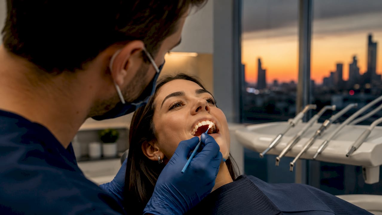 Dentist applying whitening gel on patient’s teeth