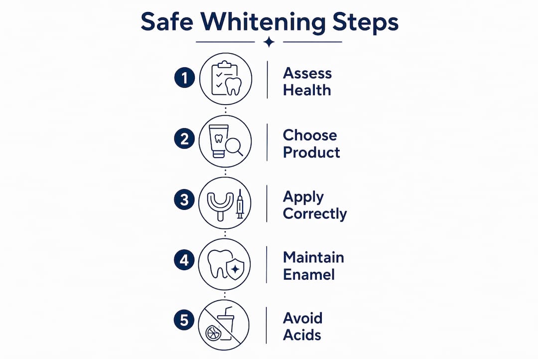 Infographic illustrating steps for safe teeth whitening